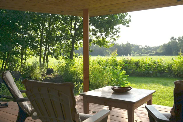 A shaded terrace looking out into a green garden